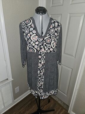 Boden Black Floral V-Neck Mini Dress with Cream and Pink Accents